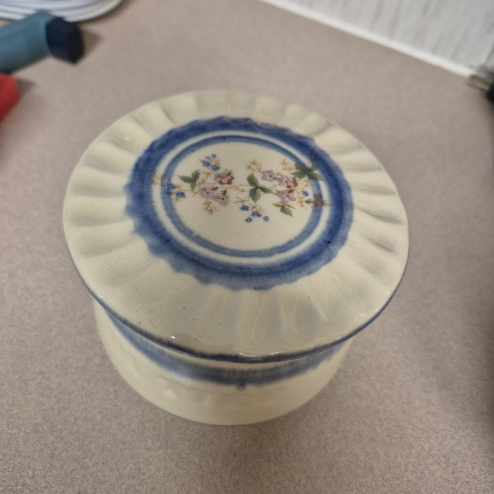 VTG POTTERY LEVINE BUTTER CROCK/ KEEPER BLUE LILY FLORAL
